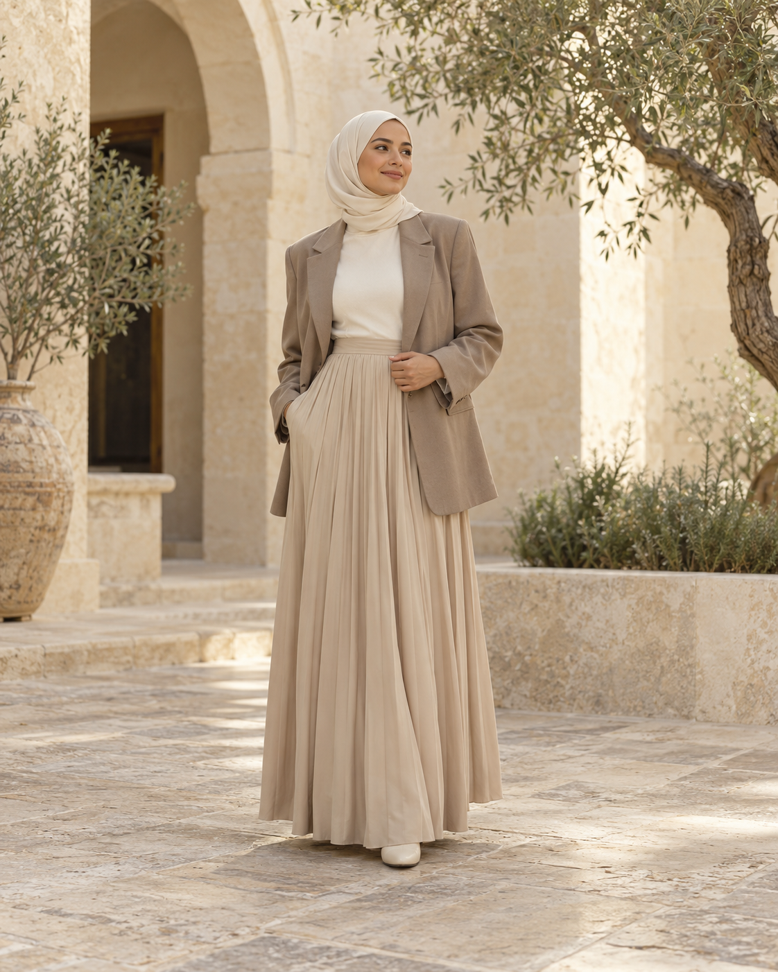 A modest outfit with a cream hijab, long taupe blazer and full-length pleated skirt